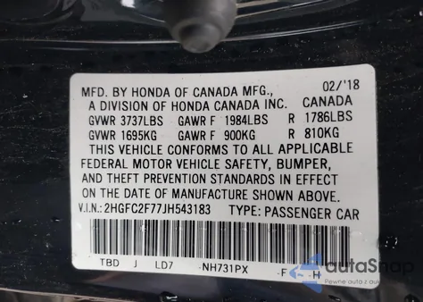 2018 Honda Civic Ex z USA, uszkodzony, nr VIN 2HGFC2F77JH543183